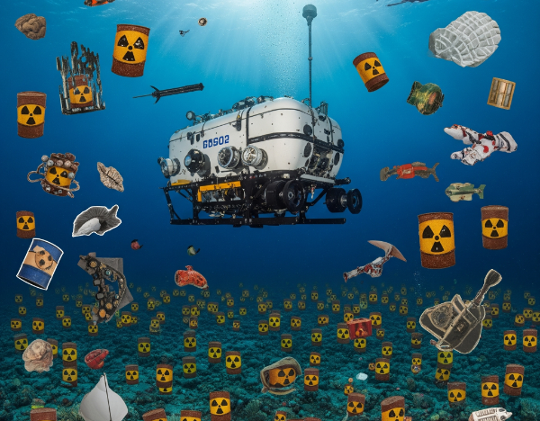 Schlecht gemachtes Photoshop-Bild, in dem wild diverse Atommüllfässer in die Tiefsee rein kopiert worden sind. Da ist auch ein Tauchroboter in der Mitte der blauen See zu sehen. und diverse Sachen, die man vielleicht am Strand finden könnte.