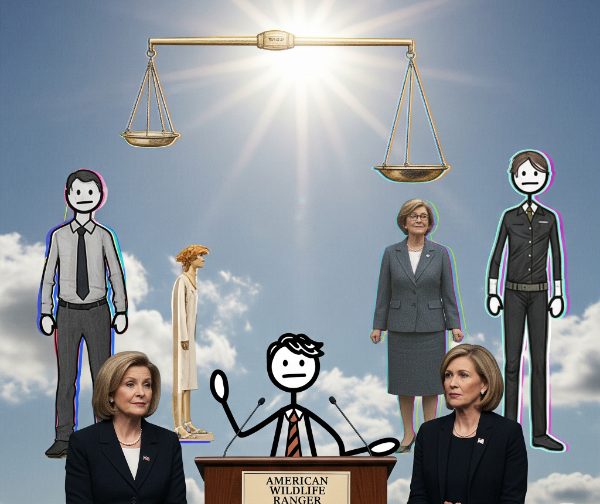 Eine sehr schlechte Gimp/Photoshop Montage, wo ein Strichmännchen hinter einem Pult steht, wo