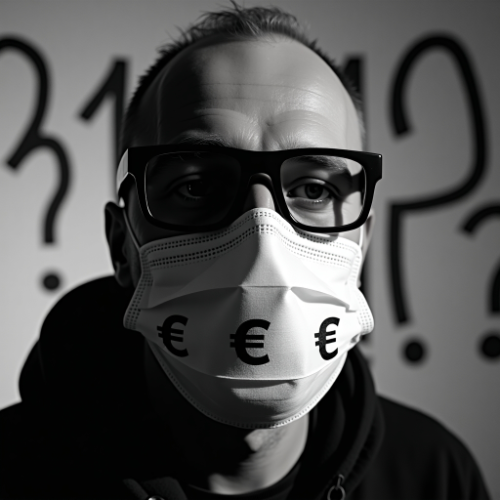 Ein Mann mit Brille schaut in die Kamera, er trägt eine weiße Maske auf den €-Symbole gedruckt sind.
