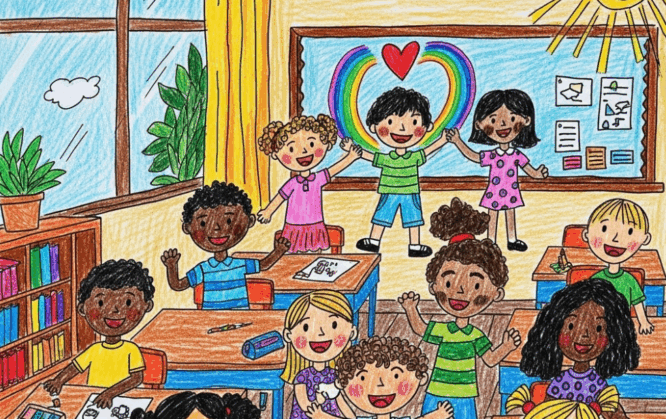 Eine Schulklasse in der alle Kinder gerne miteinander zusammen sind.