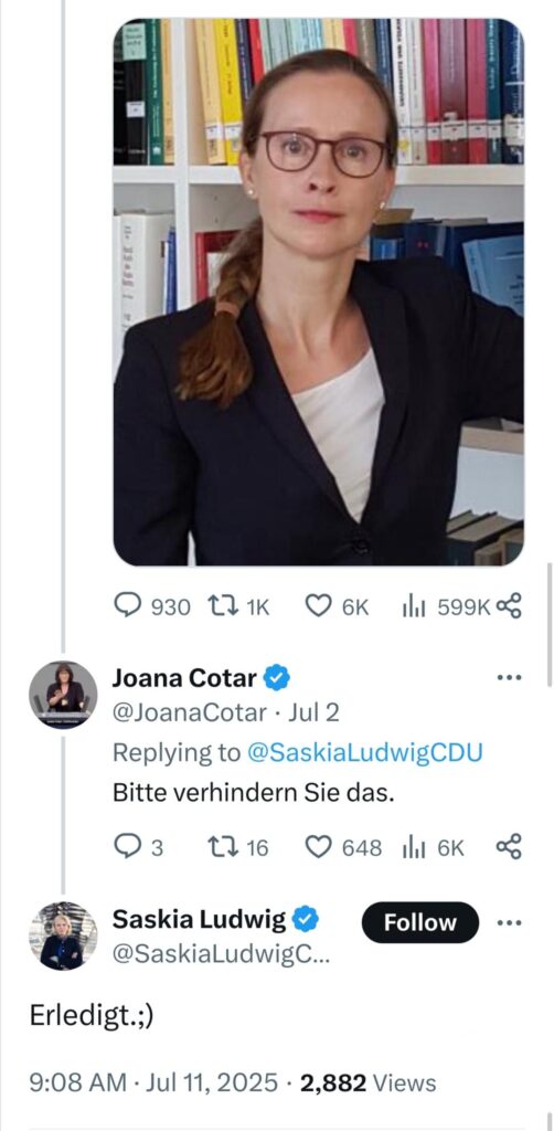 Joana Cotar, AfD schreibt an Saskia Ludwig, CDU
"Bitte verhindern Sie das."

Ludwig antwortet:
"Erledigt.;)"