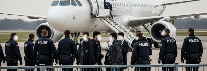 Ein Abschiebeflug (Symbolbild) - ein weißes Flugzeug im Hintergrund. Davor eine Menge Cops in Uniform, die neben ein paar Ausreisepflichtigen stehen. Die Gesichter sind unkenntlich gemacht.