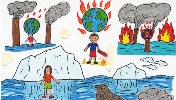 Mehrere Kinderzeichnungen, die den Klimawandel beleuchten. Ein Junge mit Feuerlöscher, eine unter gegange Fabrik. Eine brennende Welt