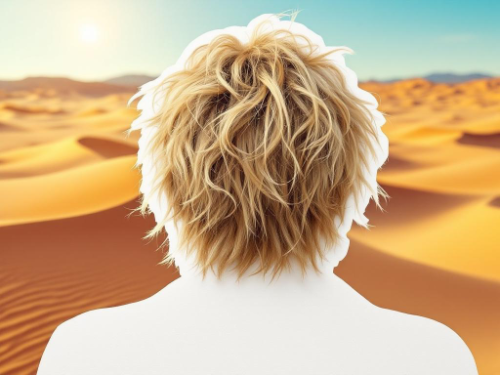 Ein Scherenschnittartiger Hinterkopf mit einer wilden blonden Mähne. Schaut in die Wüste.