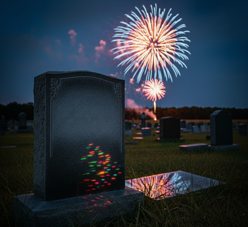 Ein Grabstein im Dunkel - dahinter ein Feuerwerk
