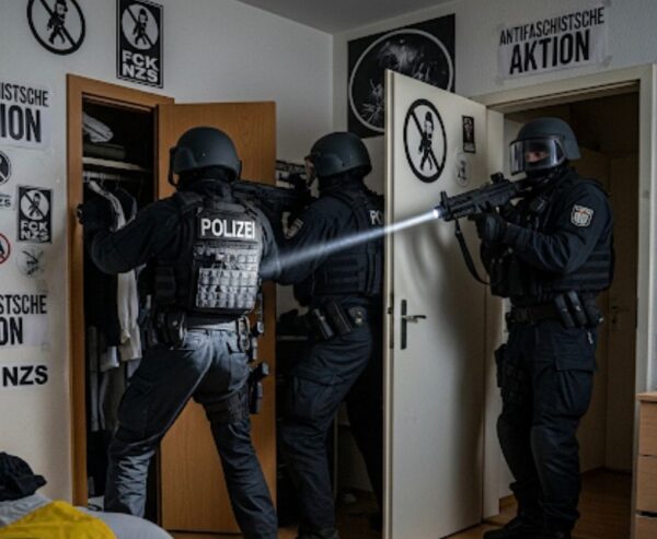 Cops bei Razzia, einer zielt mit Waffe auf Arsch des anderen