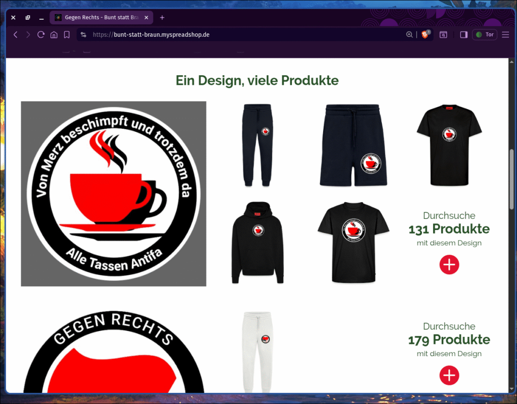 Screenshot des Speadshirt-Shops wo 131 Produkte mit dem Anifa-Design 