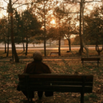 Eine Person sitzt auf einer Parkbank und schaut sich den Sonnenuntergang an.